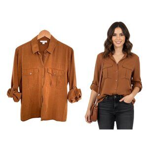 Topshop Shirt Women 6-8 Brown Button Up Double Pocket Utility Camel Long Sleeve